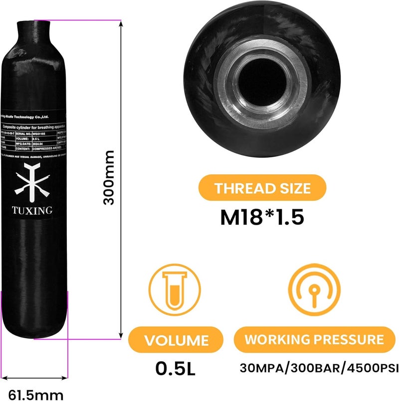 TUXING 4500Psi Pcp Air Tank 0.5L 31Cu in 500cc Carbon Fiber HPA Tank,Gas Cylinder,Paintball Hunting for PCP Air Rifle Gun Daystate and FX Thread M18 * 1.5 - Image 2